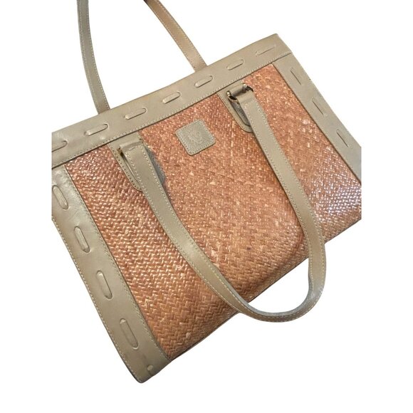 Anne Klein Woven Straw & Leather Tote Bag Dual Handles Tan Beige Elegant Design - Picture 5 of 12
